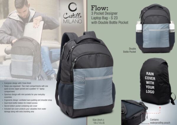 S23 – Flow: 3 pocket Designer laptop bag with double bottle pocket and rain cover