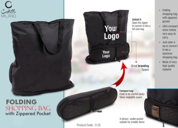 S25 – Folding shopping bag with Zippered pocket | Phone, wallet pocket outside