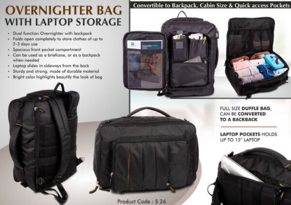 S26 – Overnighter bag with Laptop storage | Convertible to Backpack | Cabin size | Quick access pockets
