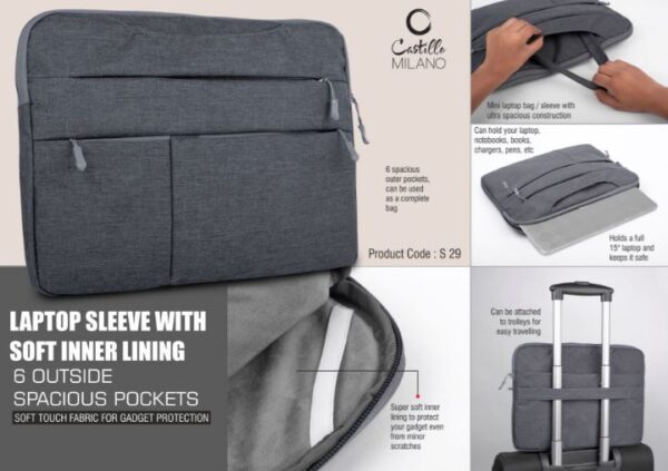 S29 – Laptop Sleeve with Soft inner lining | 6 outside spacious pockets | Soft touch fabric for gadget protection