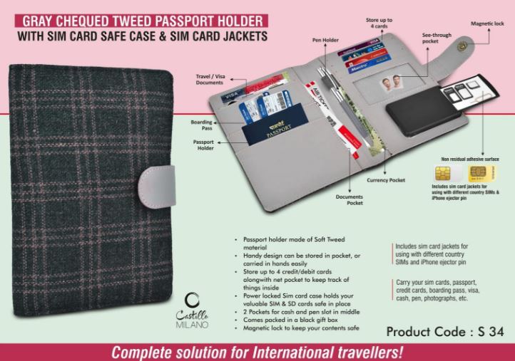 S34 – Gray Chequed Tweed Passport holder with Sim Card Safe Case & Sim Card Jackets