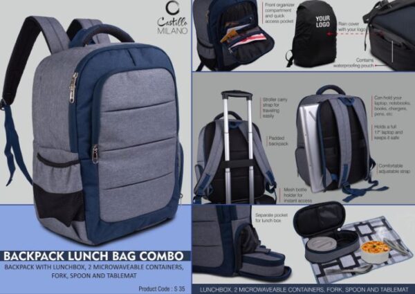 S35 – Backpack Lunch bag kit combo : Backpack with Lunchbox, 2 microwaveable containers, Fork, spoon and tablemat