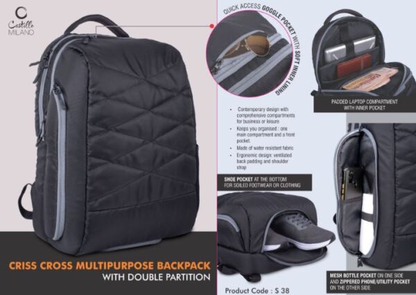 S38 – Criss Cross Multipurpose Backpack with Double Partition | Hidden phone and Goggle pockets | Separate Shoe Pocket