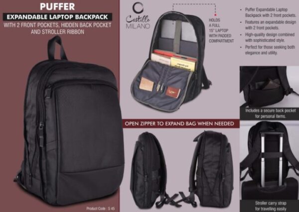 S45 – Puffer: Expandable laptop backpack with 2 front pockets, hidden back pocket and Stroller ribbon