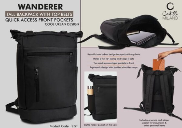 S51 – Wanderer: Tall backpack with Top belts | Quick access front pockets | Cool urban design