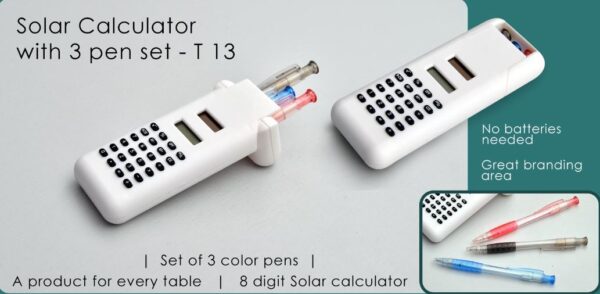 T13 – Solar calculator with 3 pen set