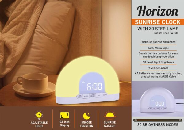 A150 – Horizon: Sunrise clock with 30 step Lamp | Easy press anywhere function for light
