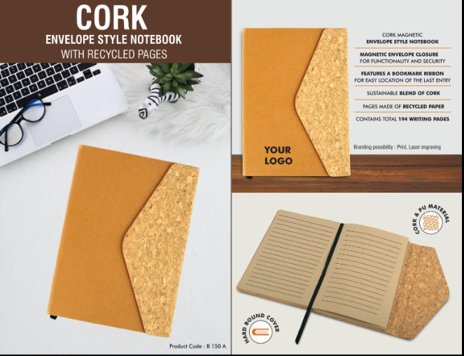 B150a – Cork Magnetic Envelope style Notebook with recycled pages