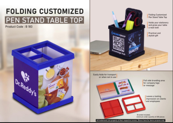 B183 – Folding Customized Pen Stand Table Top | Folds for transport or when not in use | Branding included MOQ 200