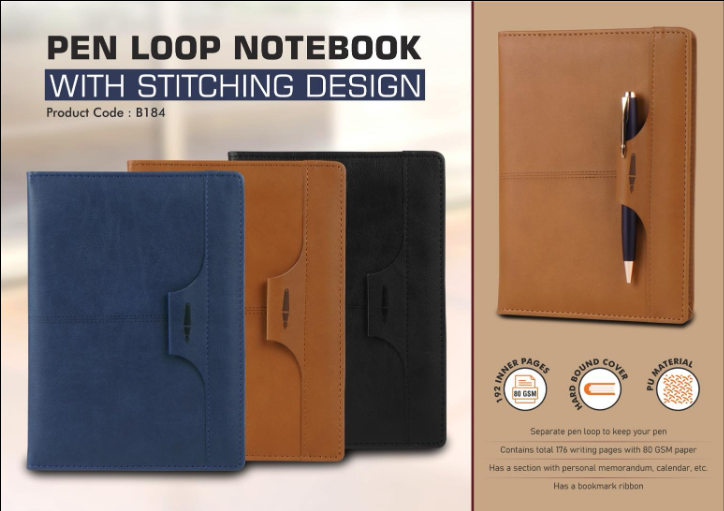 B184 – Pen Loop notebook with Stitching design with bookmark ribbon