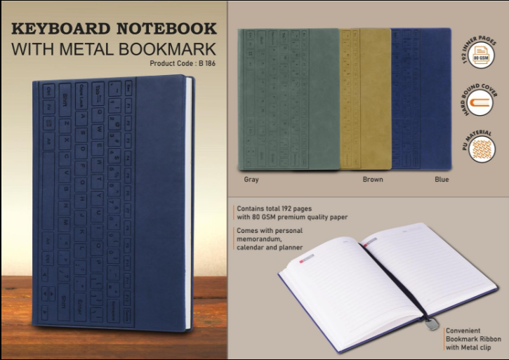 B186 – Keyboard notebook with metal Bookmark | Hard bound cover