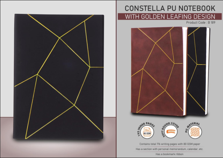 B189 – Constella PU notebook with Golden leafing | With Memorandum and Bookmark Ribbon