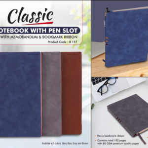 B197 – Classic PU notebook with Pen slot | A5 size | With memorandum & Bookmark ribbon