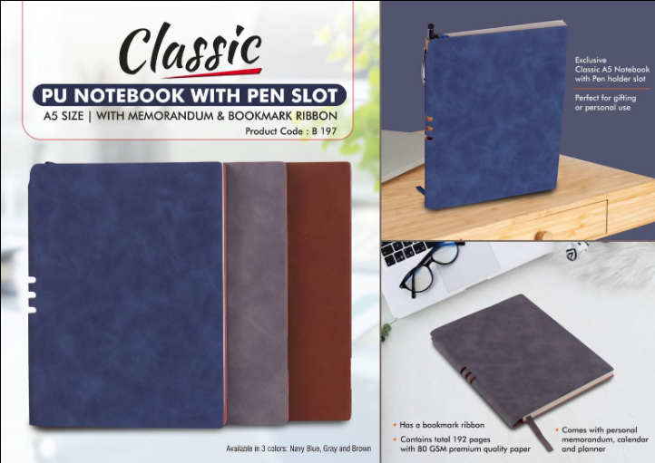 B197 – Classic PU notebook with Pen slot | A5 size | With memorandum & Bookmark ribbon