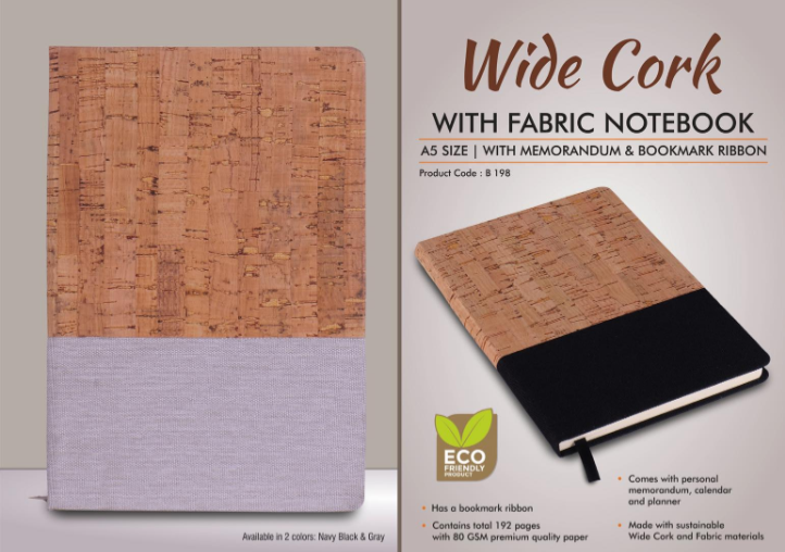 B198 – Wide Cork with Fabric Notebook | A5 size | With memorandum & Bookmark ribbon