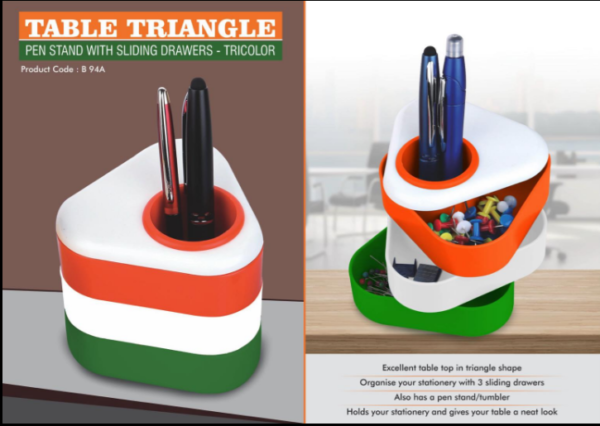 B94a – Table triangle: Pen stand with sliding drawers- Tricolor