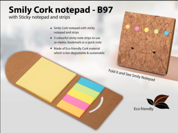 B97 – Smily Cork notepad with Sticky notepad and strips