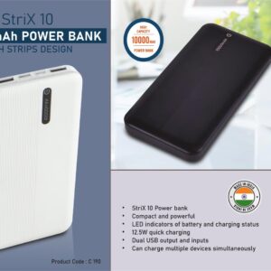 C190 – Strix 10: 10,000 mAh Power bank with Strips design | 12.5W output | Dual USB output & inputs