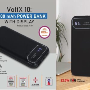 C191 – VoltX 10: 10,000 mAh Power bank with Display | 22.5W Fast charging | Supports Qualcomm 3.0 + PD charging | Dual USB output & inputs