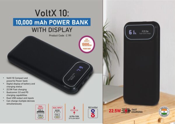 C191 – VoltX 10: 10,000 mAh Power bank with Display | 22.5W Fast charging | Supports Qualcomm 3.0 + PD charging | Dual USB output & inputs