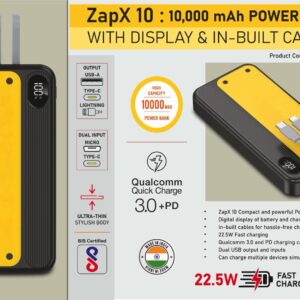 C192 – ZapX 10: 10,000 mAh Power bank with Display & In-Built Cables | 22.5W Fast charging | Supports Qualcomm 3.0 + PD charging | Dual USB output & inputs