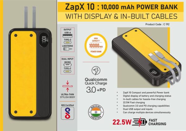 C192 – ZapX 10: 10,000 mAh Power bank with Display & In-Built Cables | 22.5W Fast charging | Supports Qualcomm 3.0 + PD charging | Dual USB output & inputs