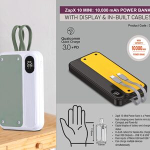 C193 – ZapX 10 Mini: 10,000 mAh Power bank with Display & In-Built Cables | 22.5W Fast charging | Supports Qualcomm 3.0 + PD charging | Dual USB output & inputs