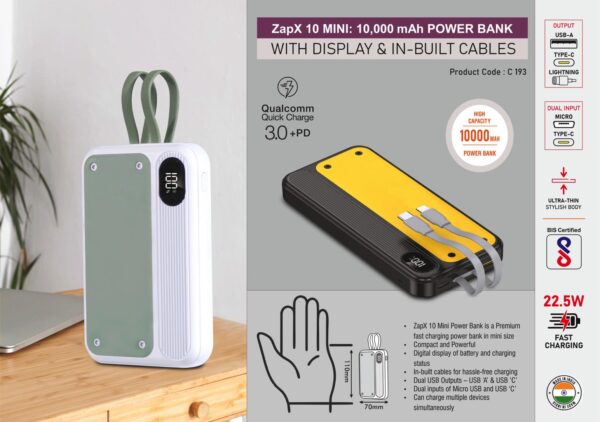 C193 – ZapX 10 Mini: 10,000 mAh Power bank with Display & In-Built Cables | 22.5W Fast charging | Supports Qualcomm 3.0 + PD charging | Dual USB output & inputs
