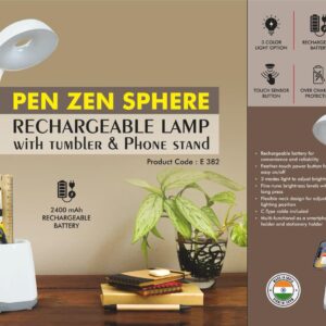 E382 – PenZen Sphere: Rechargeable lamp with tumbler & Phone stand | 3 Color light with Brightness adjustment | Type C Charging | 2400 mAh battery