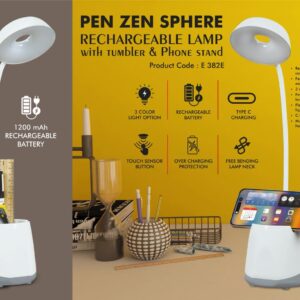 E382e – PenZen Sphere: Rechargeable lamp with tumbler & Phone stand | 3 Color light with Brightness adjustment | Type C Charging | 1200 mAh battery