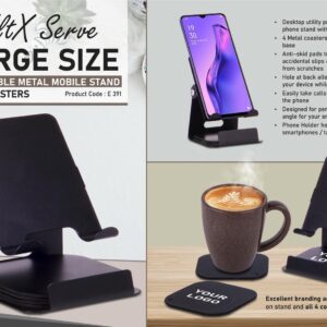 E391 – TiltX Serve: Large size Adjustable metal mobile stand with table coasters | 4 metal coasters