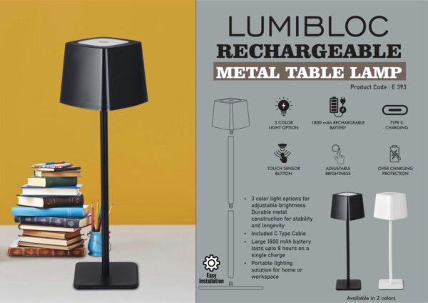 E393 – LumiBloc: Rechargeable Metal Table Lamp | 1800 mAh rechargeable battery
