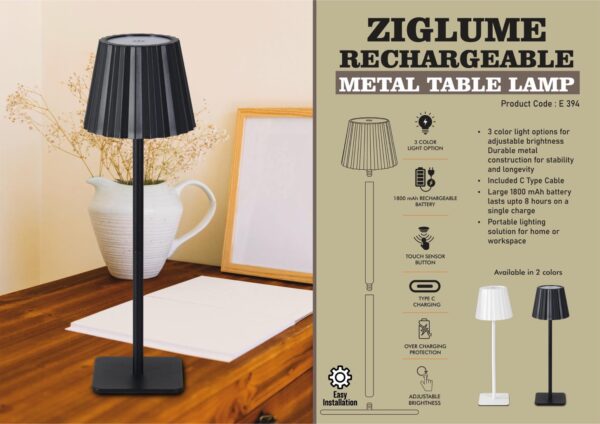 E394 – ZigLume: Rechargeable Metal Table Lamp | 1800 mAh rechargeable batteryworkspace – Available in 2 Classic Colors: Black and White