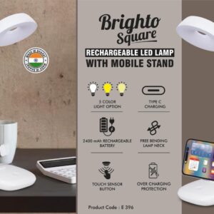 E396 – Brighto Square: Rechargeable LED Lamp with Mobile stand | Large capacity 2400 mAh battery | 3 Color light with Brightness adjustment | Type C Charging