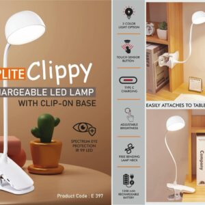 E397 – Taplite Clippy: Rechargeable LED lamp with clip on base | Can be atatched to tables & other surfaces | 3 Color light with Brightness adjustment | Type C Charging
