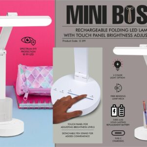 E399 – Mini Boss: Rechargeable Folding LED lamp with Touch panel Brightness adjustment | Detachable pen stand | 3 Color light option
