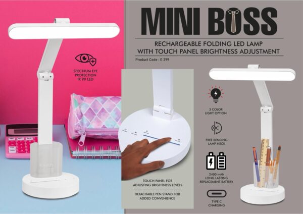 E399 – Mini Boss: Rechargeable Folding LED lamp with Touch panel Brightness adjustment | Detachable pen stand | 3 Color light option