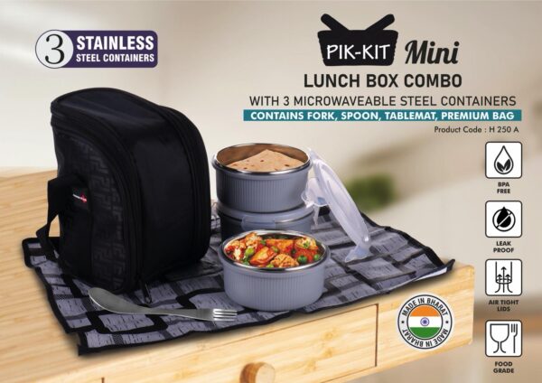 H250a – PIK-KIT mini: Lunch box combo with 3 Microwaveable Steel containers | Contains Fork, Spoon, Tablemat, Premium Bag | New Ribbed design