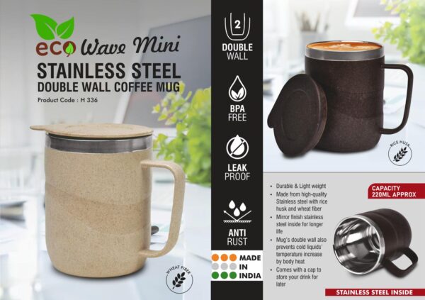 H336 – EcoWave Mini: Stainless Steel Double wall Coffee mug | Outer body made of Wheat & Rice husk | Leak Proof | Capacity 220ml approx