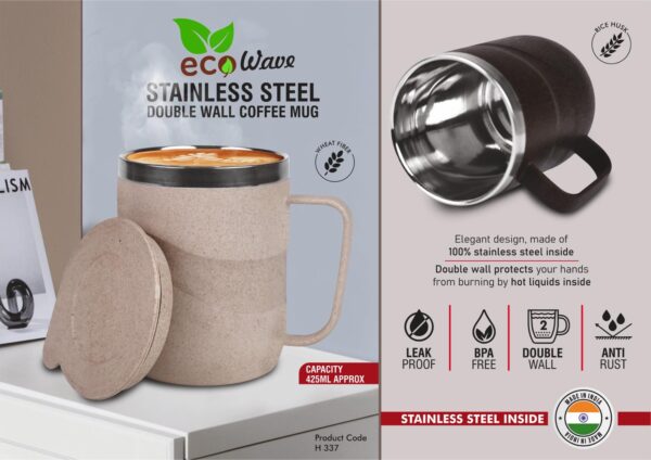 H337 – EcoWave: Stainless Steel Double wall Coffee mug | Outer body made of Wheat & Rice husk | Leak Proof | Capacity 425ml approx