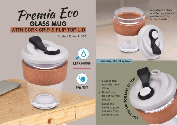 H339 – Premia Eco: Glass mug with Cork grip & Flip Top lid | Capacity: 350 ml
