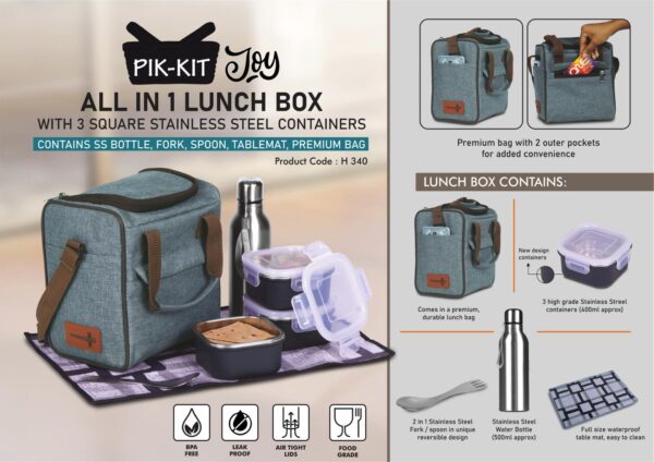 H340 – PIK-KIT Joy: All in 1 Lunch box with 3 Square Stainless Steel containers with striped design | Contains SS bottle, Fork, Spoon, Tablemat, Premium Bag | Bag has 2 outer pockets