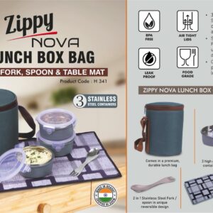 H341 – Zippy Nova: Lunch box bag with 3 Stainless steel containers, Fork, Spoon, Tablemat