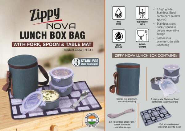 H341 – Zippy Nova: Lunch box bag with 3 Stainless steel containers, Fork, Spoon, Tablemat
