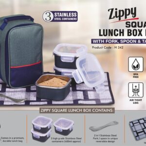 H342 – Zippy Square: Lunch box bag with 3 Square Stainless steel containers with striped design, Fork, Spoon, Tablemat