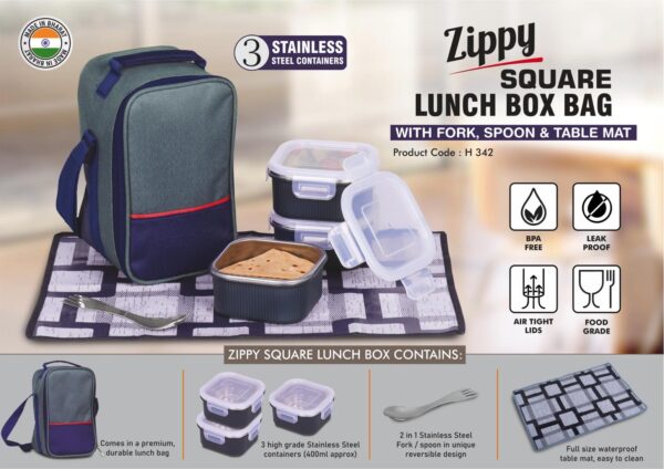 H342 – Zippy Square: Lunch box bag with 3 Square Stainless steel containers with striped design, Fork, Spoon, Tablemat