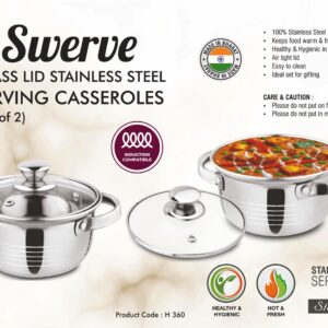 H360 – Swerve: Glass lid Stainless Steel Serving Casseroles | Set of 2 | 1100ml Each