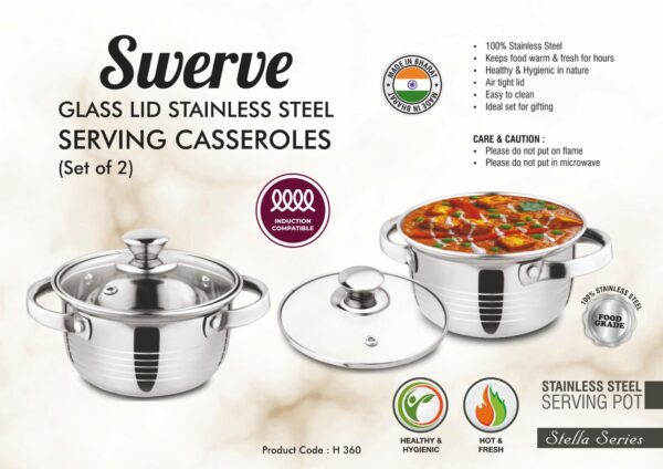 H360 – Swerve: Glass lid Stainless Steel Serving Casseroles | Set of 2 | 1100ml Each