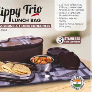 H364 – Zippy Trio: Lunch bag with 2 SS round containers, 1 SS long container, Spoon, Fork and Tablemat