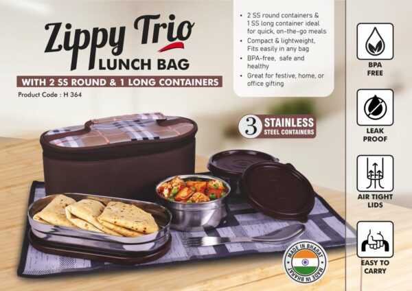 H364 – Zippy Trio: Lunch bag with 2 SS round containers, 1 SS long container, Spoon, Fork and Tablemat